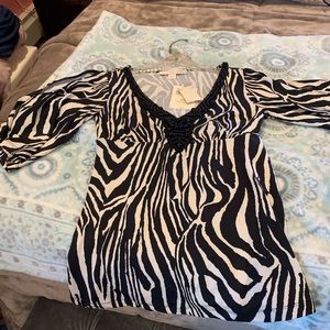 Zebra print blouse beaded neckline cut out sleeves
